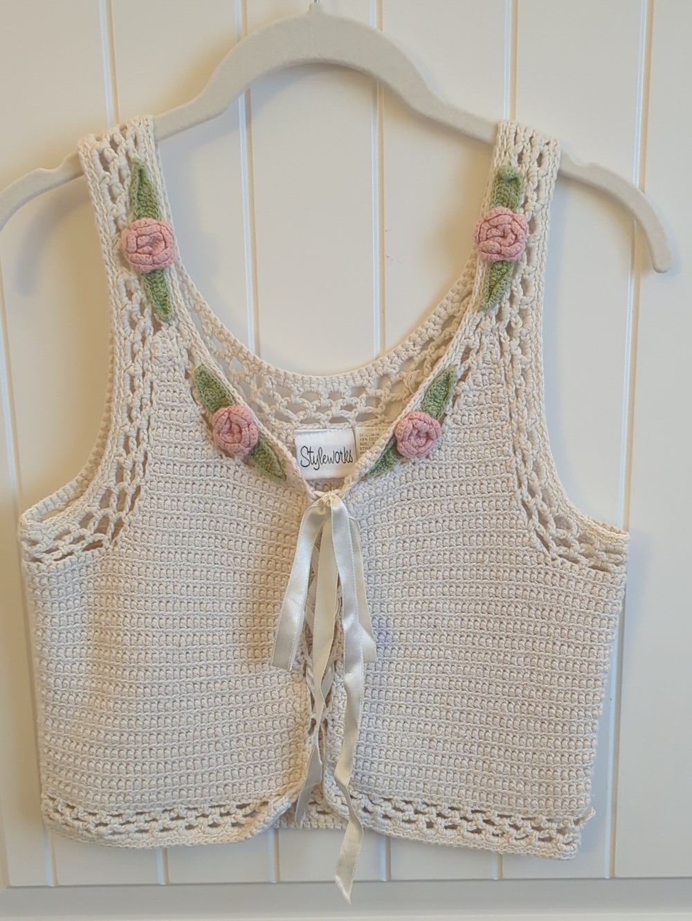 Styleworks Cream Crochet Tank Top with Pink Rose Embroidery